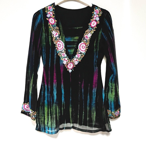 Boutique Tops - Handmade Silk Embroidered Tunic Blouse Colorful Boho Size Small Festival Artsy